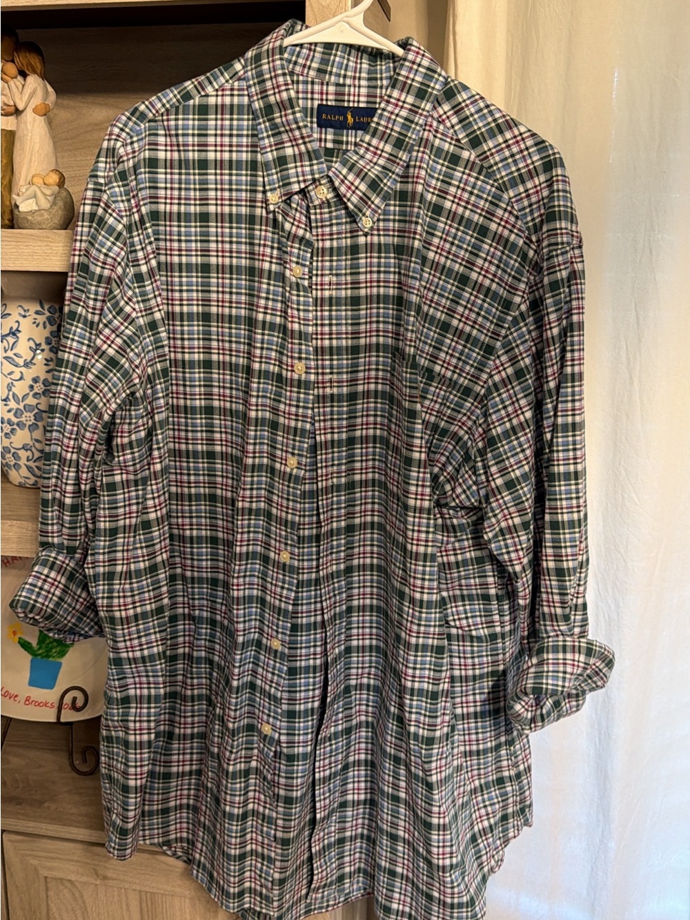 Ralph Lauren Green & White Plaid Button-Down Shirt with Red Accents